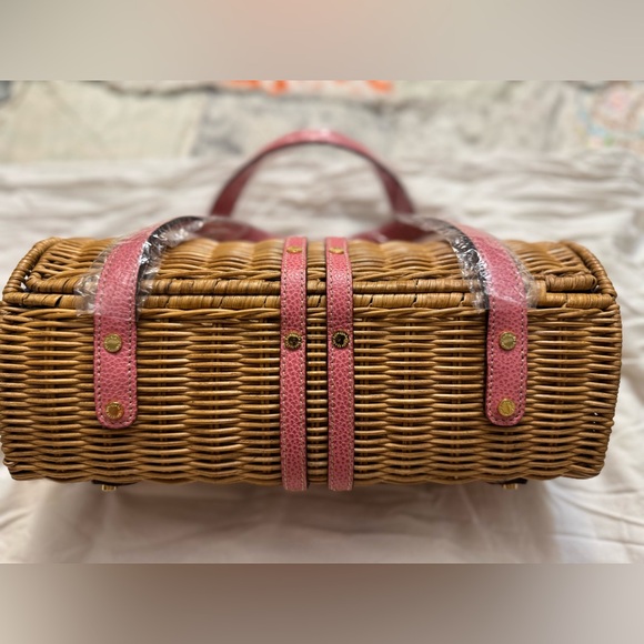 Kate Spade Wicker Picnic Basket Bag NWT Pink Leather Trim Floral Lining - Picture 8 of 9